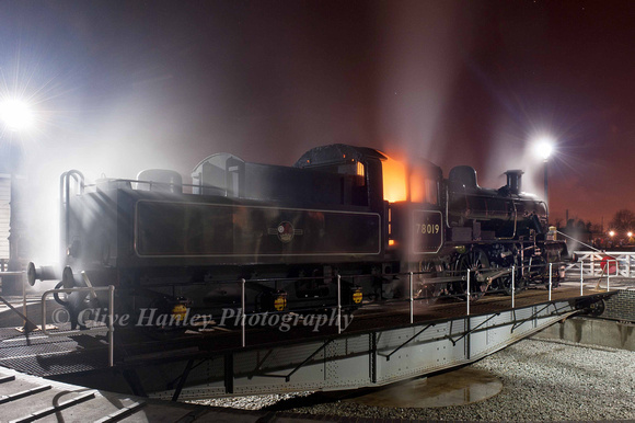 Standard 2 no 78019 on display on the turntable at Quorn. I love the wonderful glow from the open firebox door