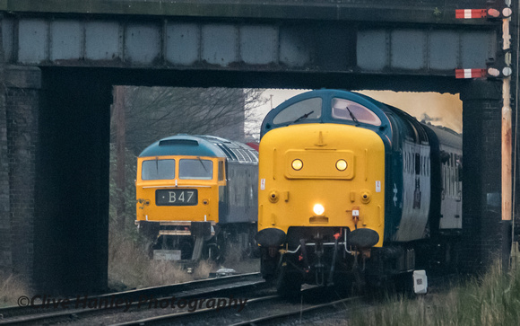55019 passes under Beeches Road bridge with D1705 Sparrowhawk (47117) In the sidings.