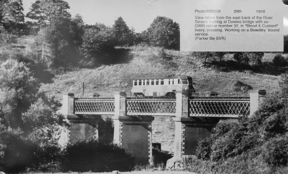 Another shot but this time from 1956 as a GWR railcar crosses Dowles Bridge.