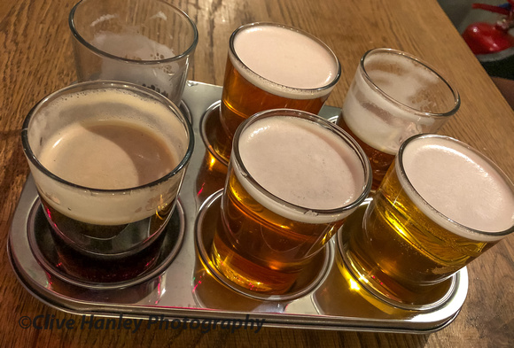 A "Flight of Beer". 6 x 1/3 pint glasses of real ale.