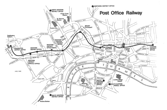 The route of the original MAIL RAIL system from Paddington in the west to Whitechapel in the east.