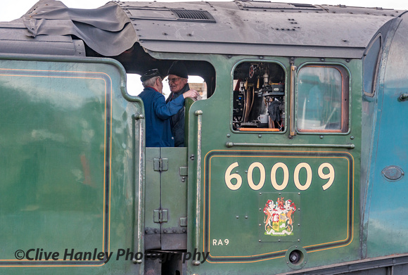 On the footplate driver Ray Poole is talking to loco owner John Cameron.