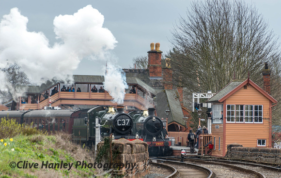 The goods train with 2857 stands at platform 1 at Bewdley while 7820 Bradley Manor departs from platform 3.