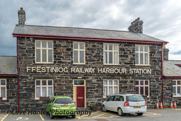 The main building houses the booking office and a shop. Ffestiniog Railway Harbour Station.