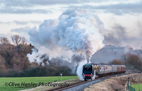 The finale as the sun finally came out to light up the sky as 71000 Duke of Gloucester heads north.