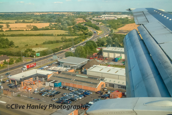 Dropping back into Coventry airport. The now demolished Peugeot factory is on the horizon next to the A45.