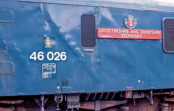 Class 46 no 46026 Leicestershire & Derbyshire Yeomanry. The old British Railways logo can still be seen.