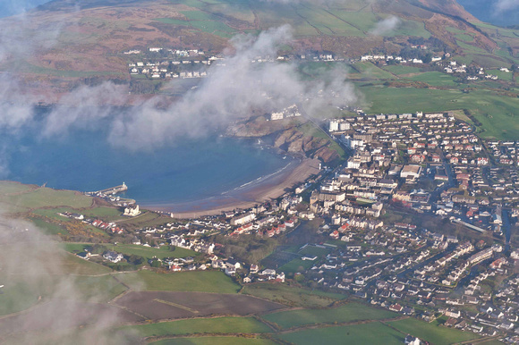 The main beach and town of Port Erin. At middle right is the railway carriage shed to the right of the station.