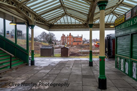 The view through Loughborough station towards the railway's offices - Lovatt House - and the former Great Central pub.