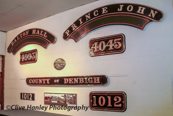 In the museum. Nameplates for 4993 Dalton Hall,  4045 Prince John & 1012 County of Denbigh