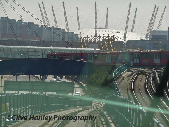 Having crested the rise the track plunges down the gradient. Millenium Dome now in full view.