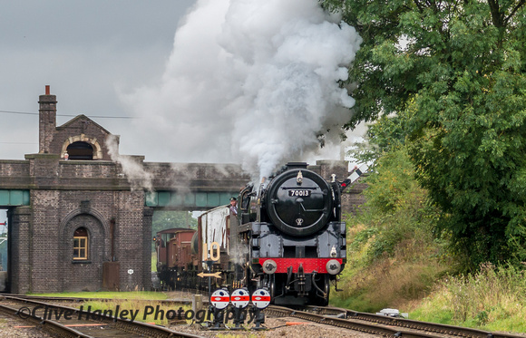 70013 Oliver Cromwell departs Quorn with the freight.