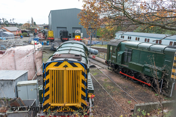 A quick shot through the fence reveals 4 x Class 08 shunters around the turntable in company with a Class 20.