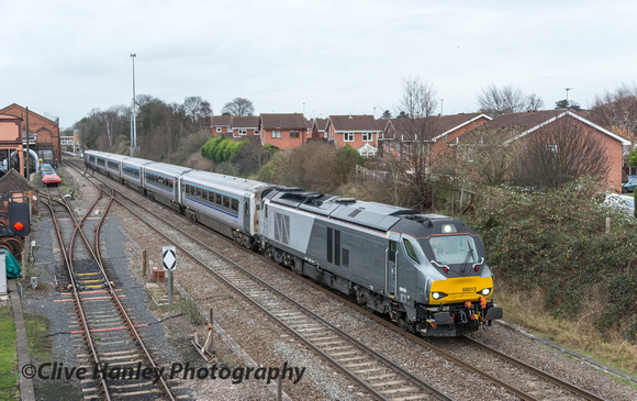 A class 68 hauled Mainline train passes through Kidderminster from Stourbridge depot