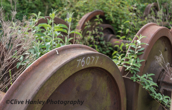 In the undergrowth around the back of the shed I found the bogie wheels from Riddles stanadard 2 no 76077.