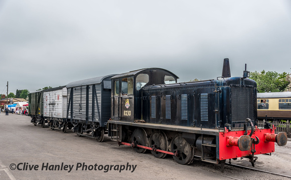 The diesel shunter no 11230 was displayed on the unloading track within the Toddington car park area coupled to 3 wagons.