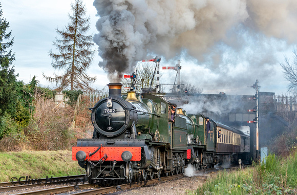 GWR Manor Class 4-6-0 no 7802 Bradley Manor & Hall Class 4-6-0 no 6990 Witherslack Hall depart Loughborough with the 9am to Leicester.