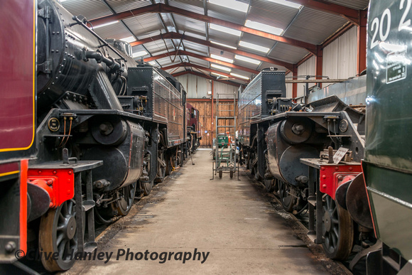 The two Fairbairn tank locos alongside each other in the shed. 42073 on the left. 42085 on the right