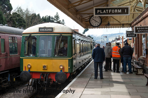 The bubble car runs into platform 1 with a service to Winchcombe and Laverton.