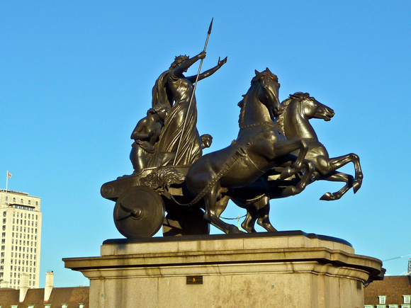 Boudicaa stands on the north of Westminster Bridge facing Parliament