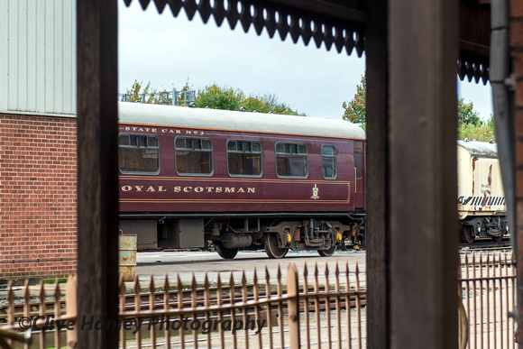 I spotted "State car no 3" from the prestigious "Royal Scotsman" set of carriages in the adjacent mainline works.