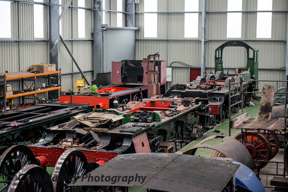 At the far end of the works are the frames for 7029 Clun Castle. In front are the frames of 7802 Bradley Manor