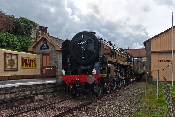 70000 Britannia arrives at Watchet station with the 12 noon from Minehead