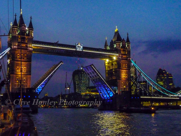 Tower Bridge was opened for a Thames barge to pass beneaath.