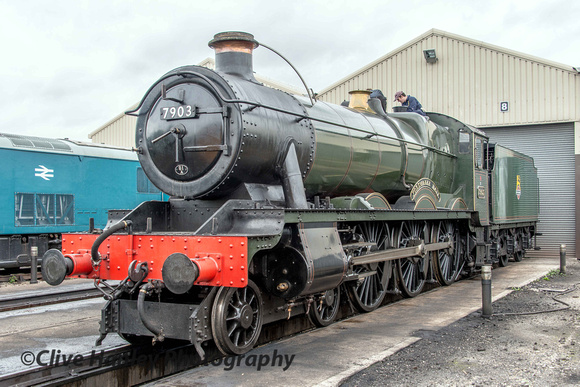 In the yard - wearing its bin lid - chimney cap, is GWR "Modified Hall" 4-6-0 no 7903 Foremarke Hall.