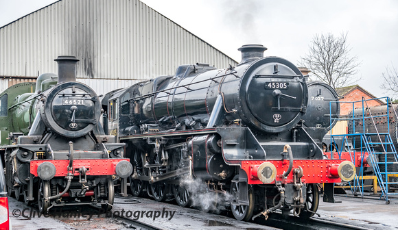 Outside the shed were Ivatt 2 no 46521, Stanier Black 5 no 45305 and 7027 Thornbury Castle