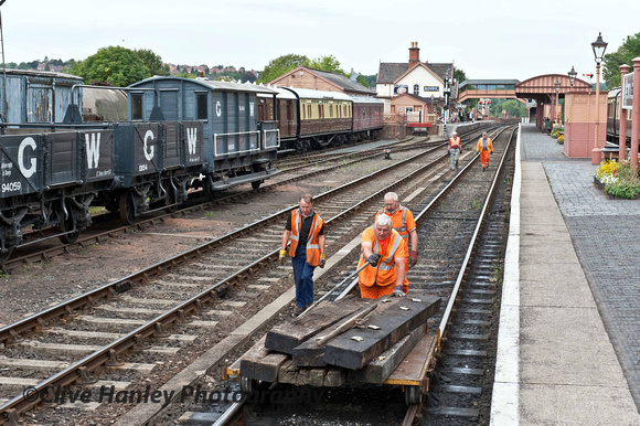 With nothing due until after midday on this track the PW gang moved a few old sleepers through the station.