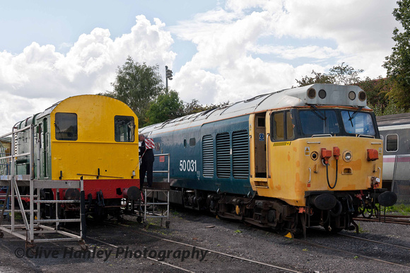 Class 50 no 50031 Hood and a class 08 shunter at Kidderminster diesel depot.