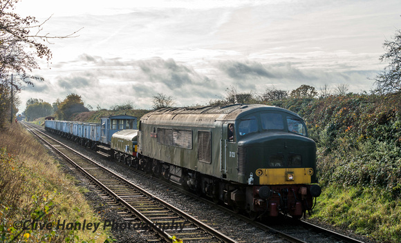 Class 45 Peak diesel no D123 departs Quorn with the mineral wagons from Rothley Brook.