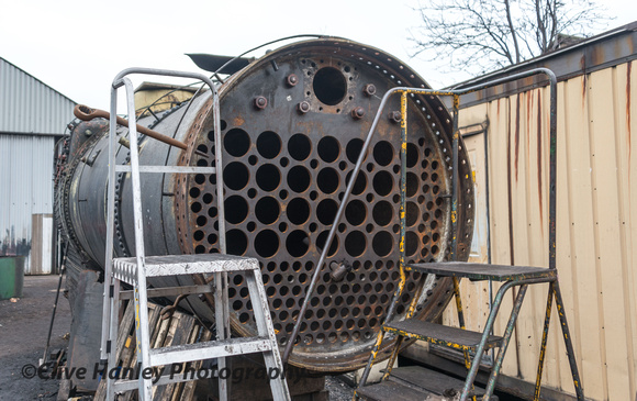 The boiler of Stanier black 5 no 45491 is receiving a new smokebox tube plate.