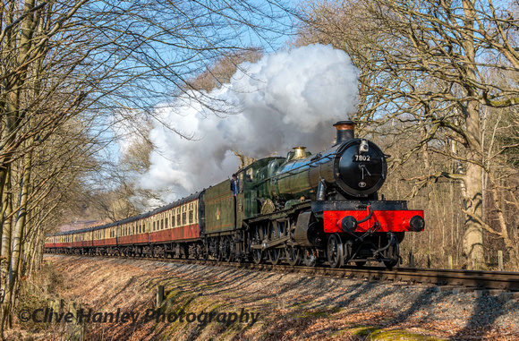 Collett Manor Class 4-6-0 no 7802 Bradley manor powers through the trees at the foot crossing.