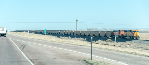 A 10,000 ton coal train heads south led by BNSF (Burlington Northern Santa Fe) no 8898