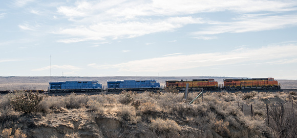 Two railroads run parallel to each other from Pueblo. Here BNSF nos 7162 & 4679 lead two prototype locos 2023 & 2024 as they head south