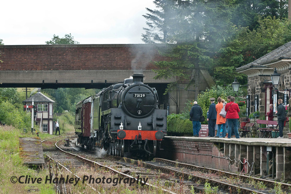 Caprotti Standard 5 no 73129 arrives at Butterley with a mixed goods/parcels train.