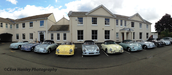 10 x Porsche Speedsters stand outside Wellesbourne House