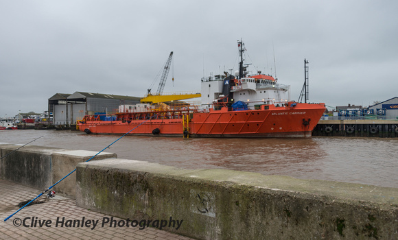 Moored up in the River Yare is a wind farm support vessel Atlantic Carrier