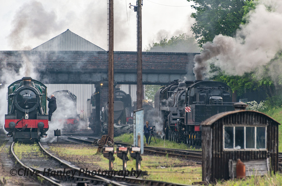 The scene at Loughborough shed with 7 locos in steam.