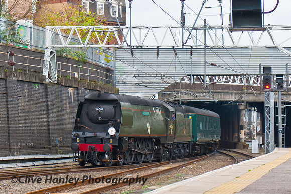 Bulleid Battle of Britain 4-6-2 Pacific 34067 Tangmere appears with the RYTC Capital Christmas Express