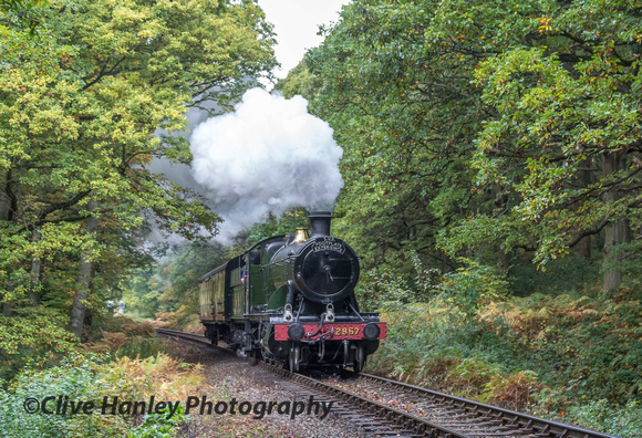 Churchward 2-8-0 no 2857 was on a driver experience trip and broke the wonderful silence in the valley.