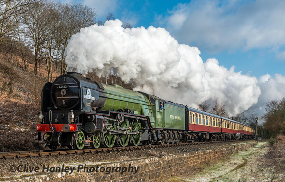 Probably the best shot of the day. A1 Pacific no 60163 Tornado passes at Tenbury Wall with the 2.45.