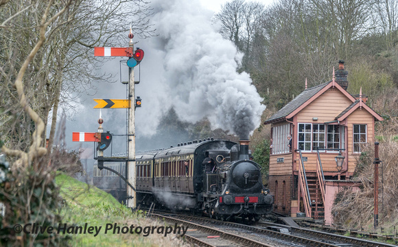 Bellerophon is about to pass Bewdley south box - manned by Simon Cheeseman as trainee signalman!