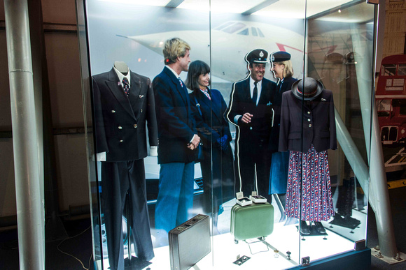 A display case with British Airways uniforms of the day.