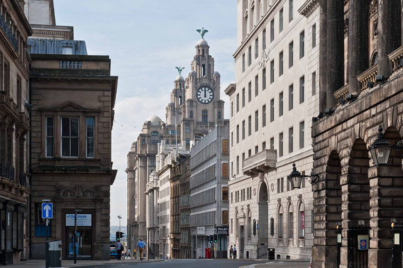 A view down Water Street towards The Liver Building. The Town Hall is on the immediate right.