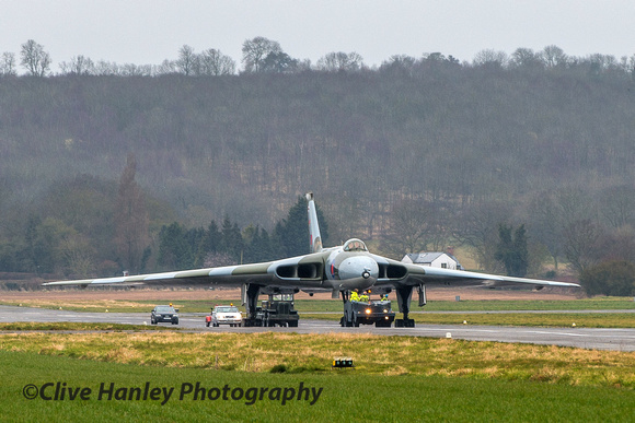 XM655 is now on the main runway at Wellesbourne - under tow of course.