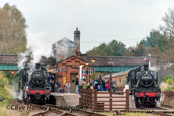 An unusual sight with steam in both platforms at Quorn.