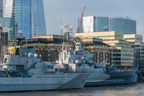 Turning around from The Tower - HMS Severn, a River Class patrol boat, was moored alongside HMS Belfast